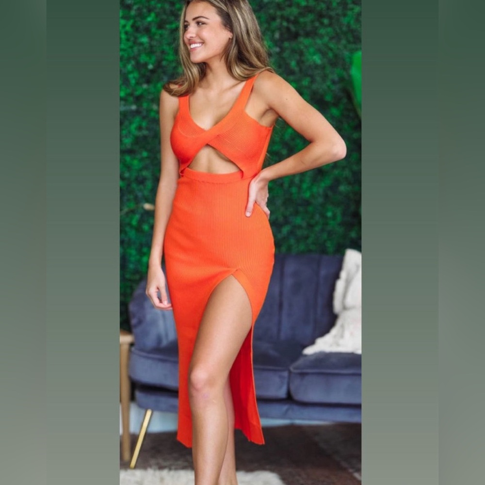 Orange Asymmetrical Bodycon Dress with Cut-Out and Slit
